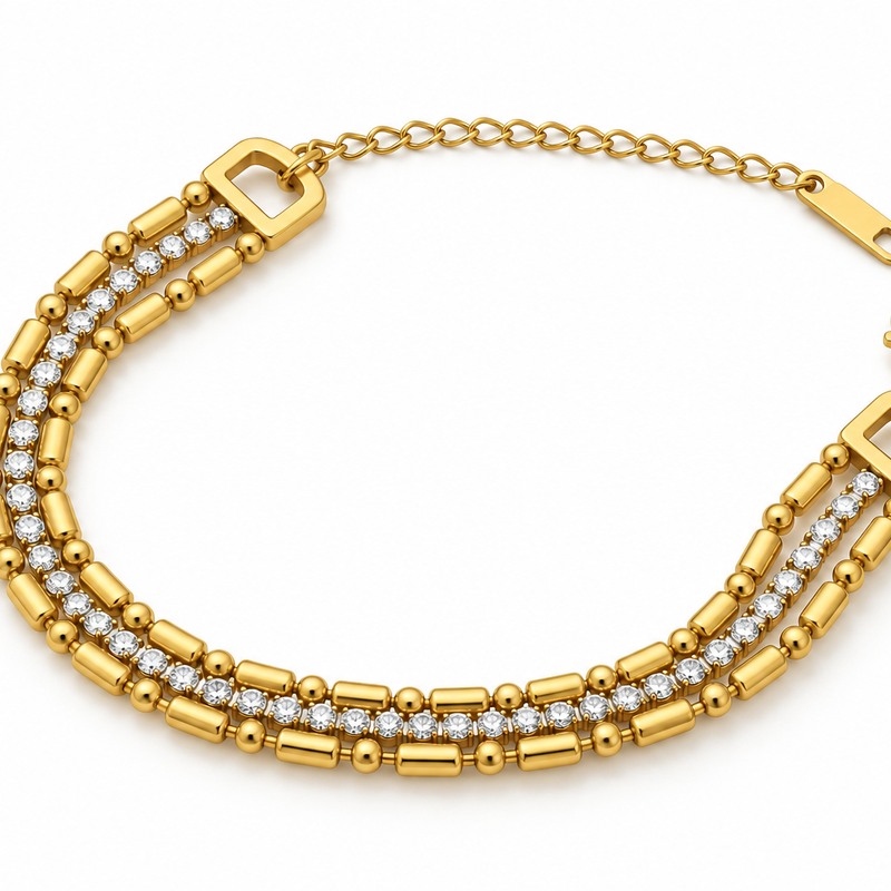 Triple Layer Crystal Bead Bar Bracelet - 18K Gold Plated Stainless Steel Jewelry