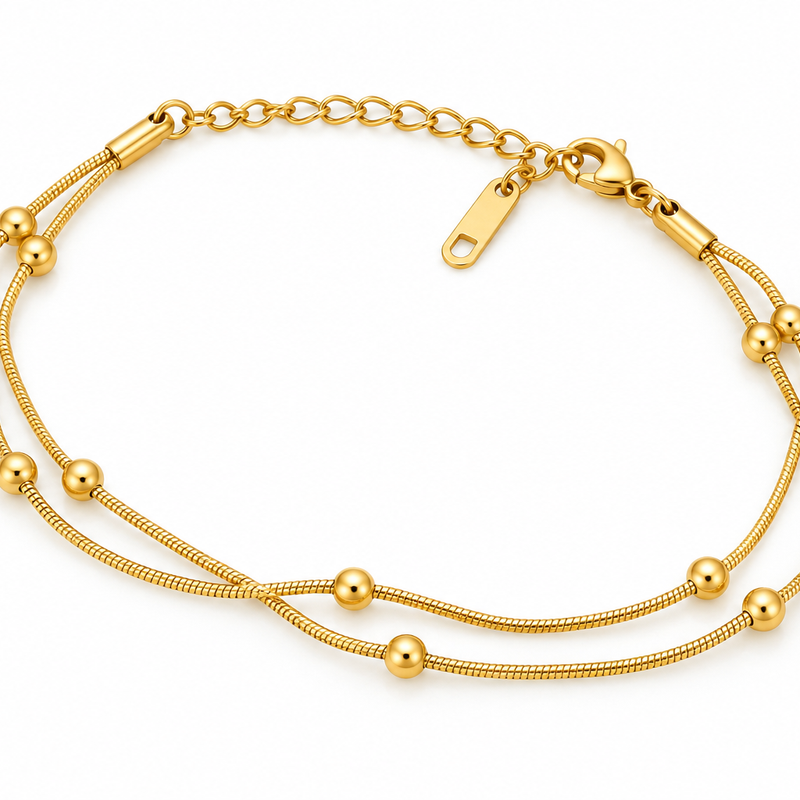 Double Layer Ball Bead Snake Chain Bracelet - 18K Gold Plated Stainless Steel Jewelry