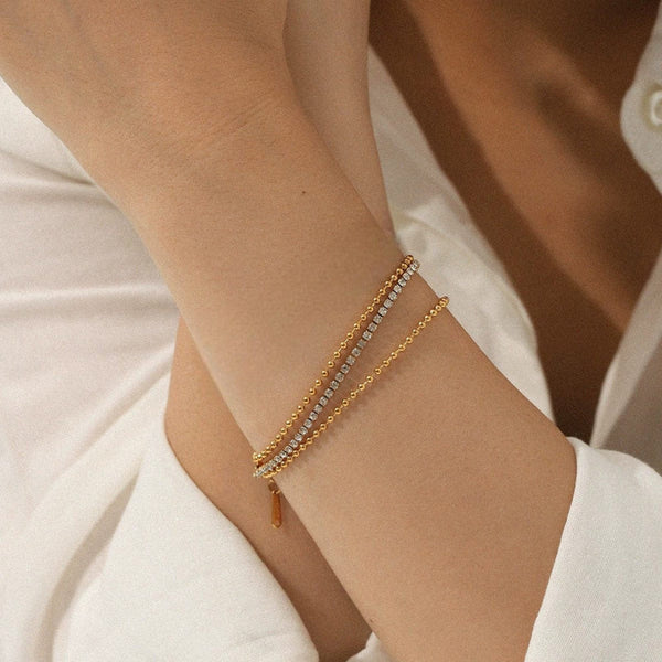 Triple Layer Crystal Tennis & Bead Chain Bracelet