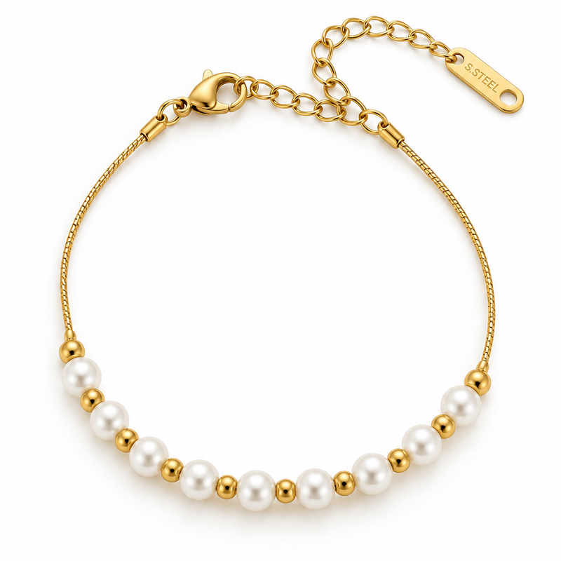 Pearl & Ball Bead Snake Chain Bracelet - 18K Gold Plated Stainless Steel Jewelry
