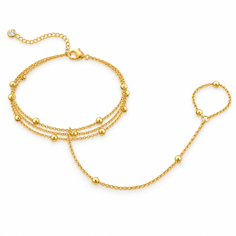 Triple Strand Bead Chain Hand Ringlet - 18K Gold Plated Stainless Steel Jewelry