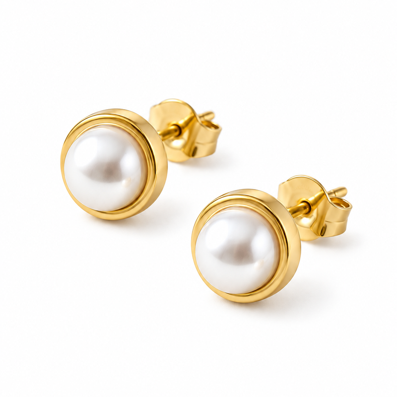 Pearl Bezel Stud Earrings - 18K Gold Plated Stainless Steel Jewelry