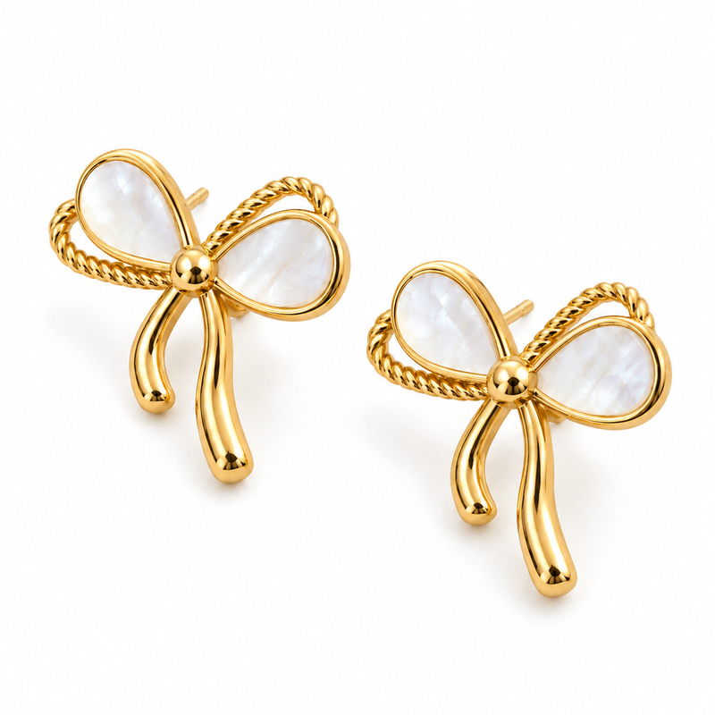 Mother of Pearl Bow Stud Earrings - 18K Gold Plated Stainless Steel Jewelry
