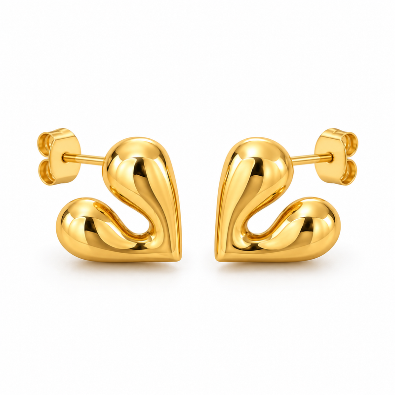 Chunky Bold Heart Stud Earrings - 18K Gold Plated Stainless Steel Jewelry