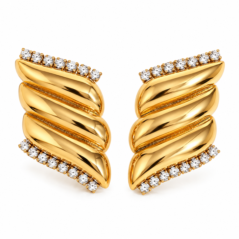 Twisted Ribbed Crystal Edge Stud Earrings - 18K Gold Plated Stainless Steel Jewelry