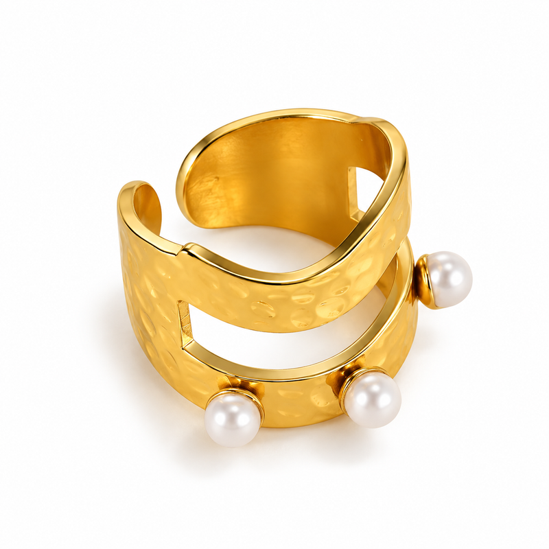 Wavy Pearl Trio Ring - 18K Gold Plated Stainless Steel Jewelry