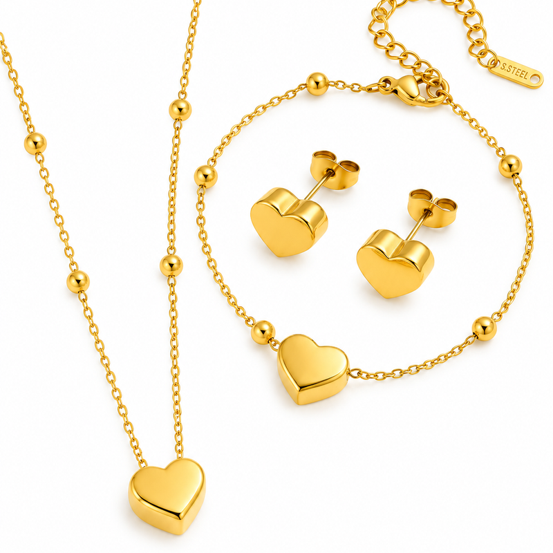Chunky Heart Trio Set - 18K Gold Plated Stainless Steel Jewelry