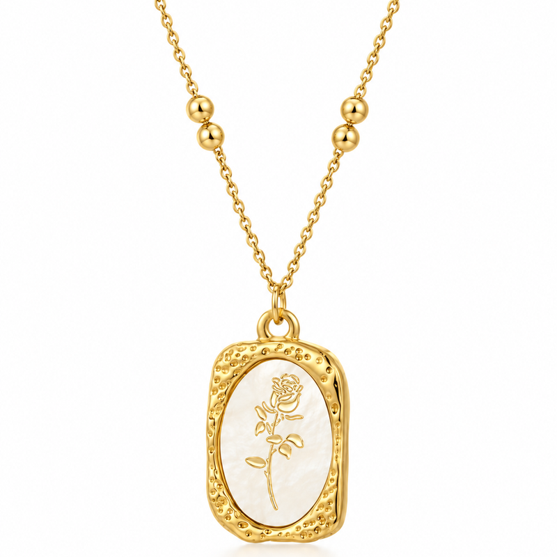Rose Engraved Tag Necklace - 18K Gold Plated Stainless Steel Jewelry
