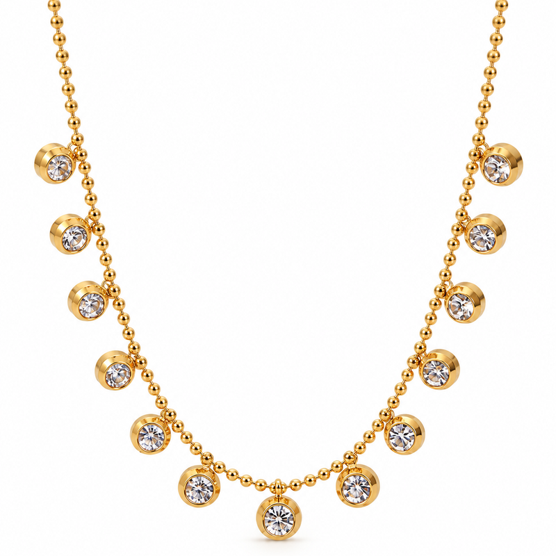 Dangling Crystal Charm Bead Chain Necklace - 18K Gold Plated Stainless Steel Jewelry