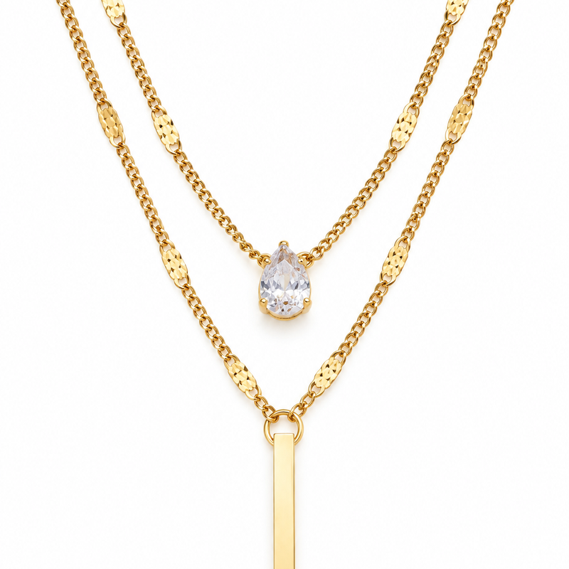 Layered Teardrop & Bar Necklace - 18K Gold Plated Stainless Steel Jewelry