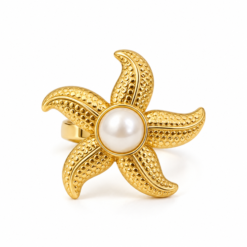 Starfish Pearl Ring - 18K Gold Plated Stainless Steel Jewelry
