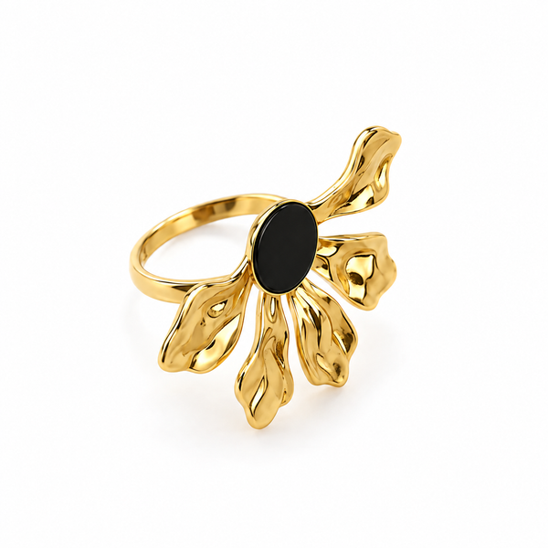 Black Onyx Golden Petal Ring