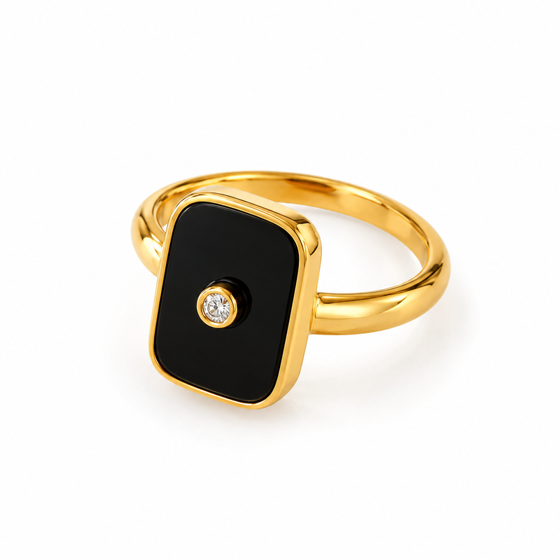 Black Enamel Signet Ring - 18K Gold Plated Stainless Steel Jewelry