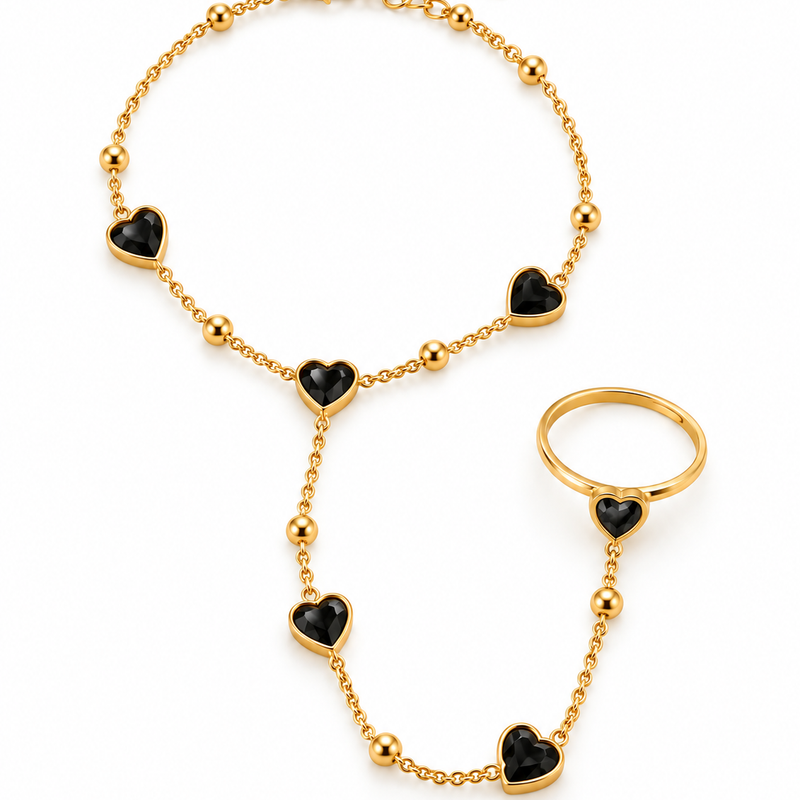 Heart Crystal Hand Chain Ringlet — Jet Black - 18K Gold Plated Stainless Steel Jewelry