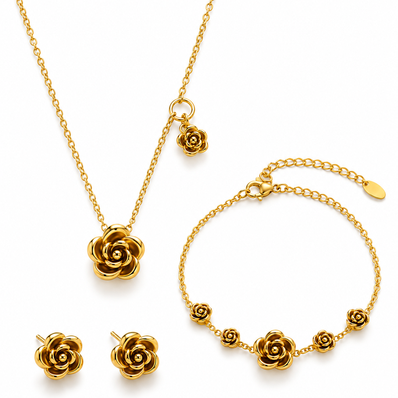 Gold Rose Jewelry Set - 18K Gold Plated Stainless Steel Jewelry