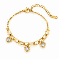 Triple Heart Charm Paperclip Bracelet — Crystal White - view 1