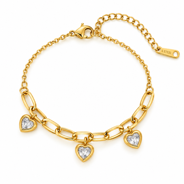 Triple Heart Charm Paperclip Bracelet — Crystal White