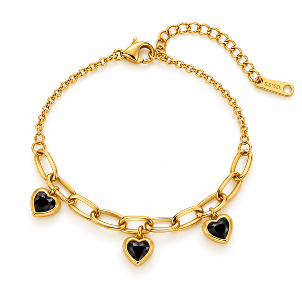 Triple Heart Charm Paperclip Bracelet — Jet Black
