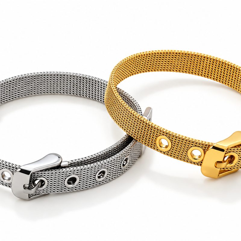 Mesh Belt Buckle Bracelet - 18K Gold Plated Stainless Steel Jewelry