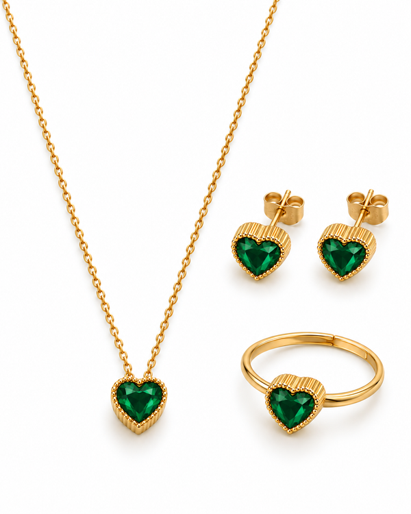 Crystal Heart Jewelry Set — Emerald Green