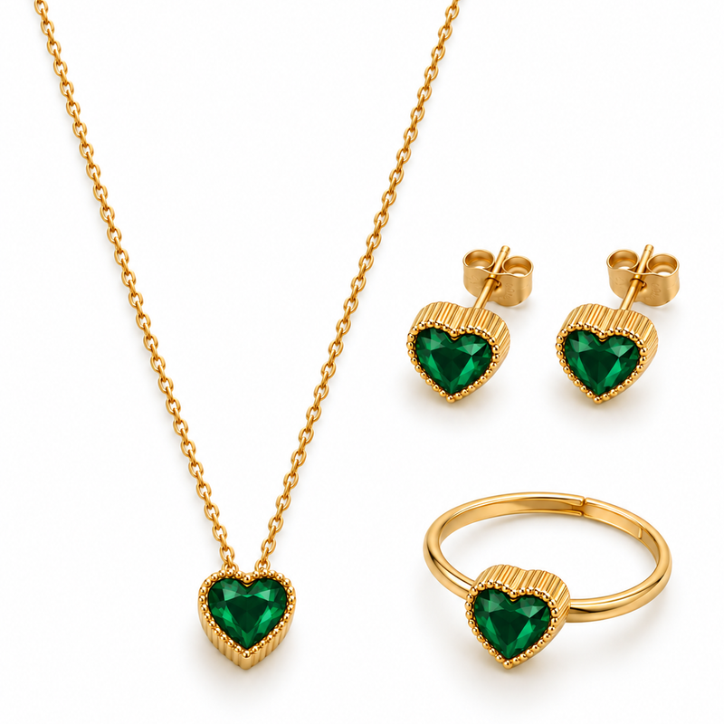 Crystal Heart Jewelry Set — Emerald Green - 18K Gold Plated Stainless Steel Jewelry