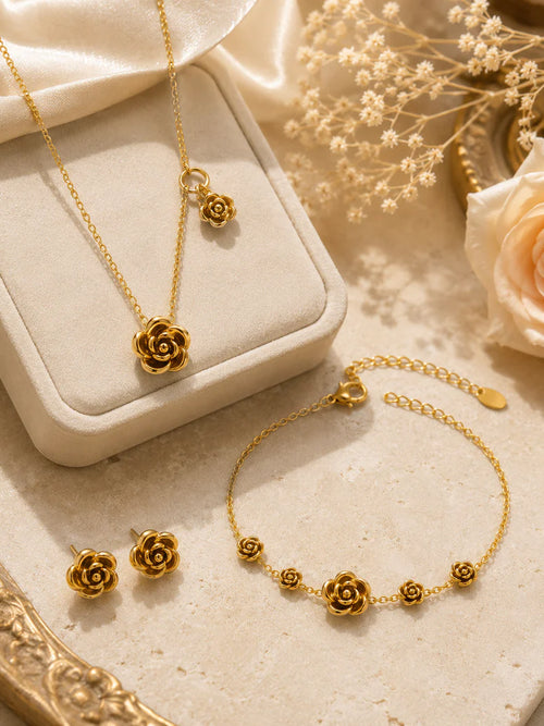 Gold Rose Jewelry Set - 18K gold-plated stainless steel jewelry
