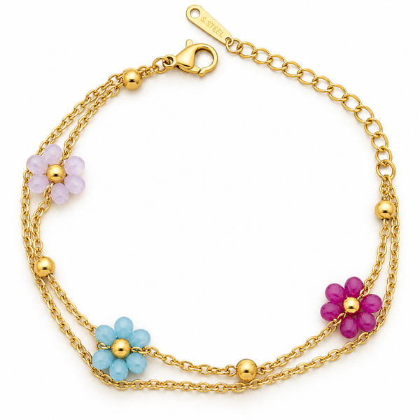 Colourful Beaded Flower Charm Double Layer Bracelet