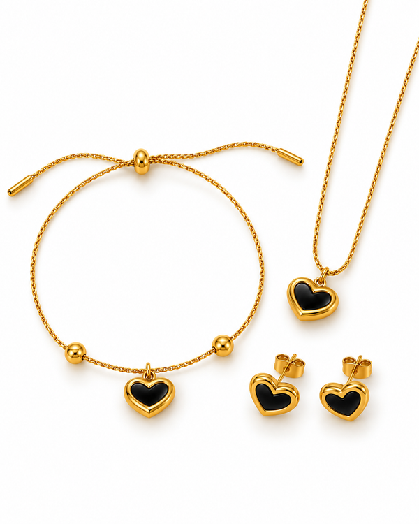 Enamel Heart Jewelry Set — Black