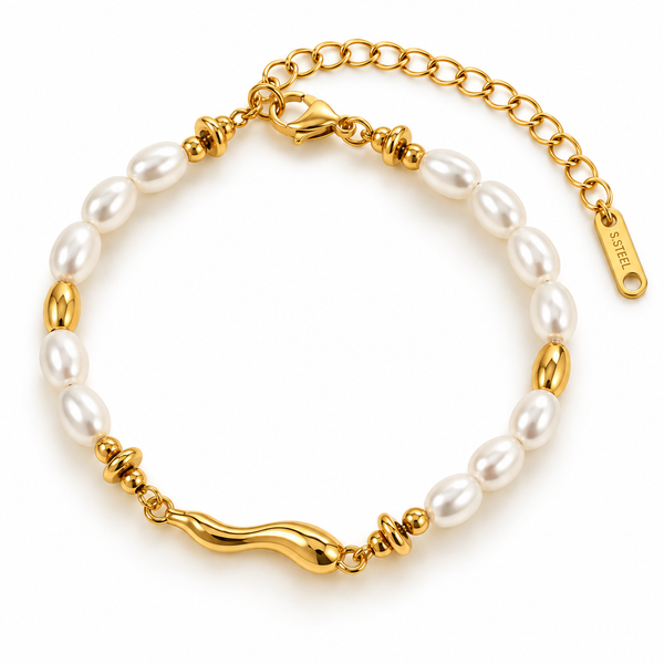 Pearl & Gold Wavy Bar Bead Bracelet