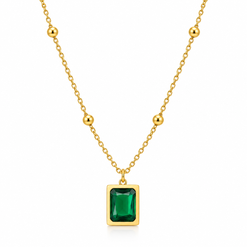 Gemstone Square Pendant Necklace — Emerald Green - 18K Gold Plated Stainless Steel Jewelry