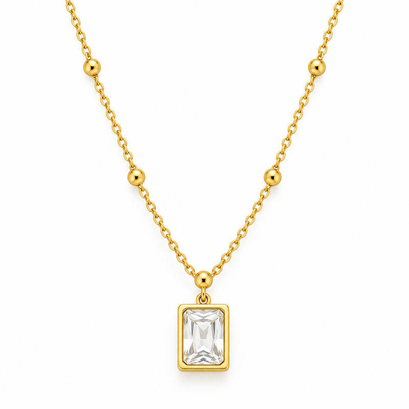 Gemstone Square Pendant Necklace — Crystal White - 18K Gold Plated Stainless Steel Jewelry