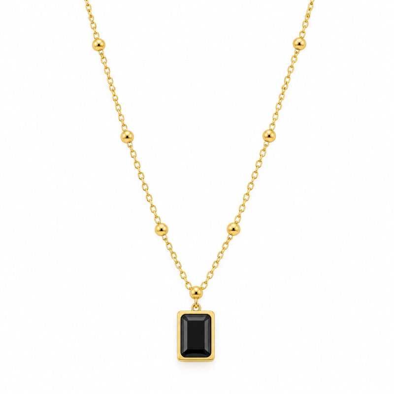 Gemstone Square Pendant Necklace — Jet Black - 18K Gold Plated Stainless Steel Jewelry