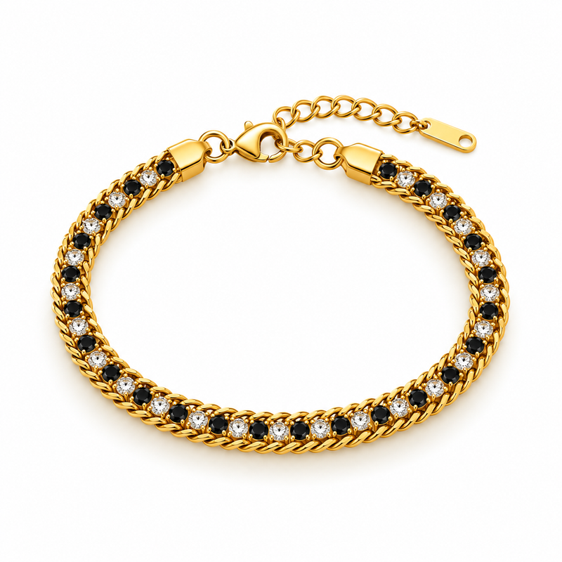 Crystal Tennis Chain Bracelet — Black & White - 18K Gold Plated Stainless Steel Jewelry
