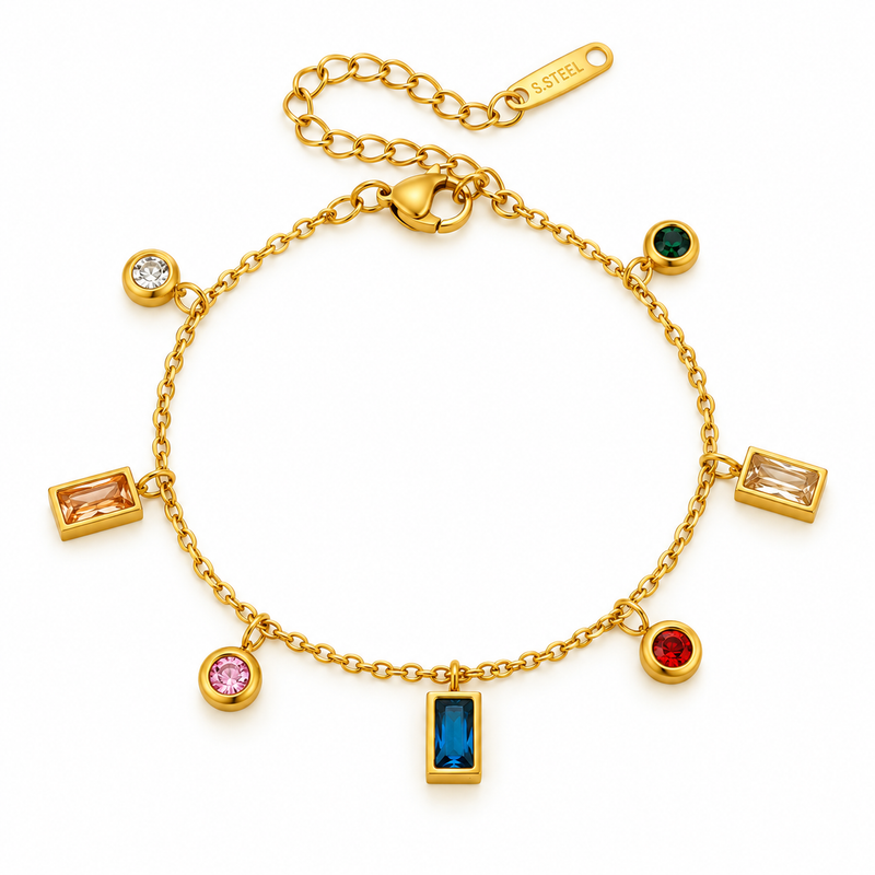 Multicolour Mixed Shape Crystal Charm Bracelet - 18K Gold Plated Stainless Steel Jewelry