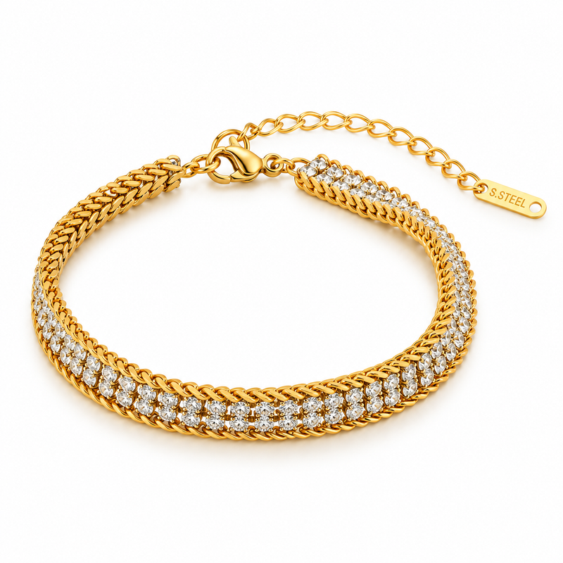 Wide Double-Row Crystal Tennis Bracelet - 18K Gold Plated Stainless Steel Jewelry