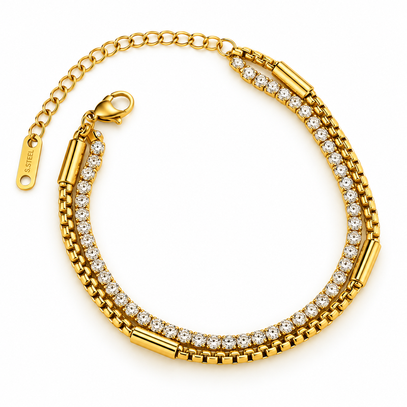 Double Layer Crystal Tennis & Box Chain Bracelet - 18K Gold Plated Stainless Steel Jewelry