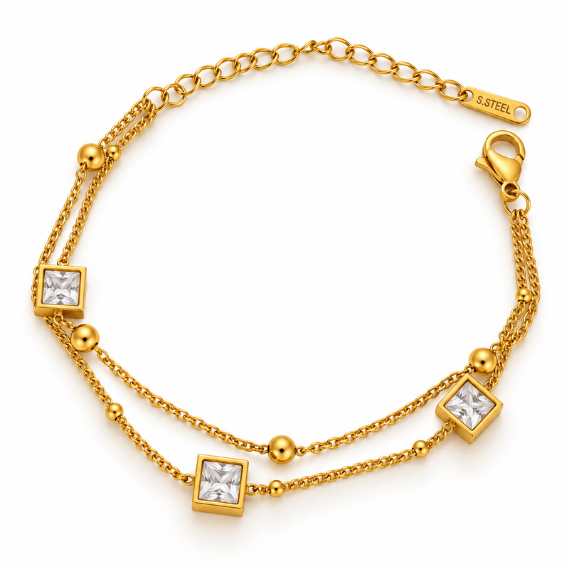 Double Layer Square Crystal Station Bracelet — Crystal White - 18K Gold Plated Stainless Steel Jewelry