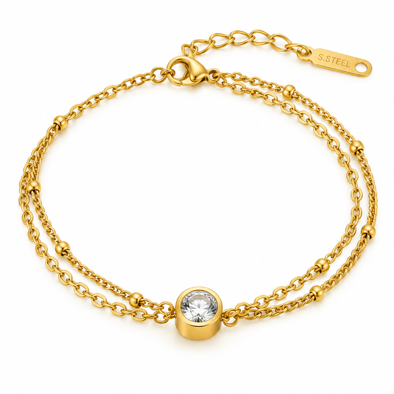 Double Chain Single Bezel Crystal Bracelet - 18K Gold Plated Stainless Steel Jewelry