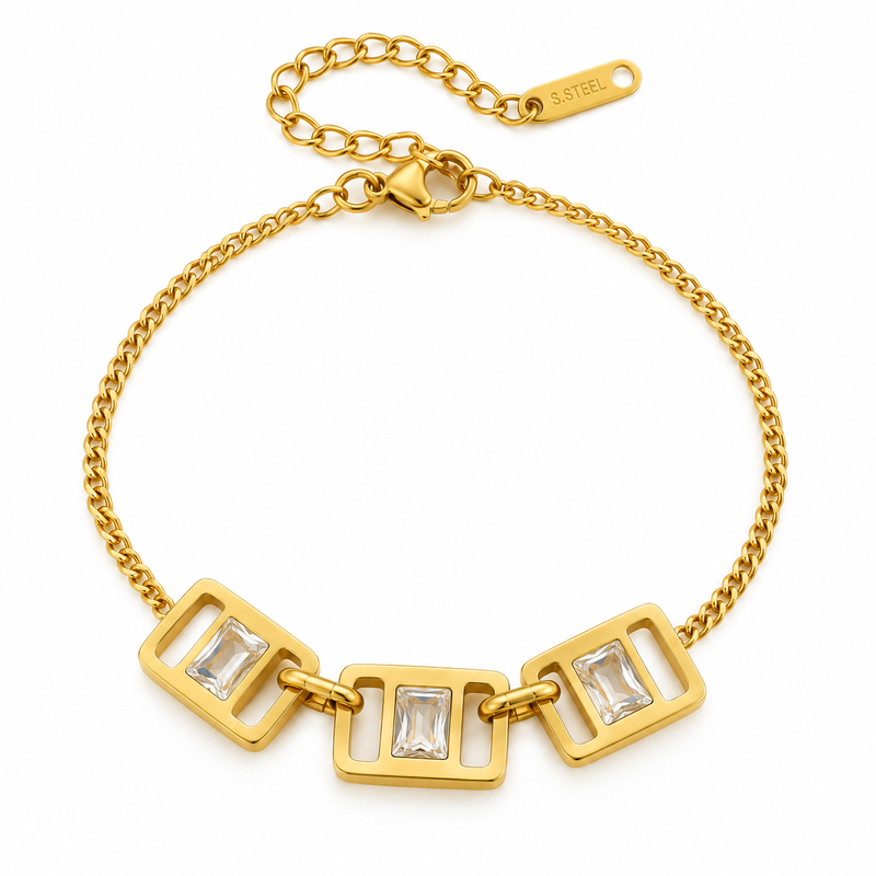 Linked Square Frame Baguette Crystal Bracelet - 18K Gold Plated Stainless Steel Jewelry