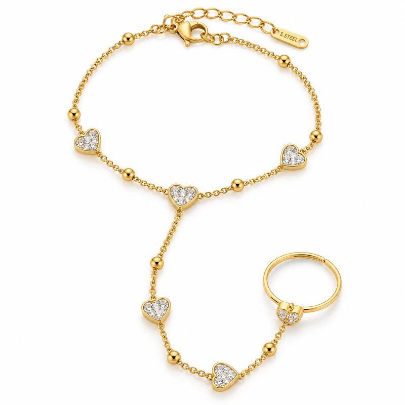 Heart Crystal Hand Chain Ringlet — Crystal White - 18K Gold Plated Stainless Steel Jewelry