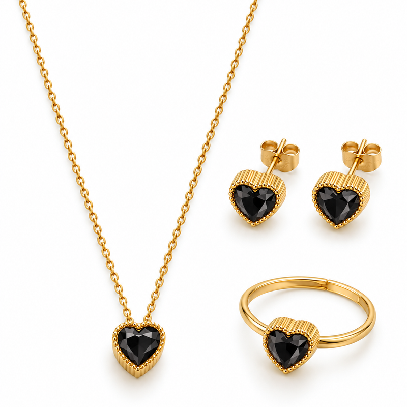 Crystal Heart Jewelry Set — Black - 18K Gold Plated Stainless Steel Jewelry