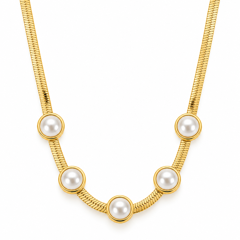 Pearl Station Herringbone Necklace - 18K Gold Plated Stainless Steel Jewelry