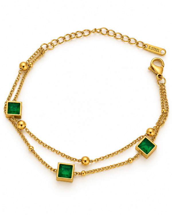Double Layer Square Crystal Station Bracelet — Emerald Green