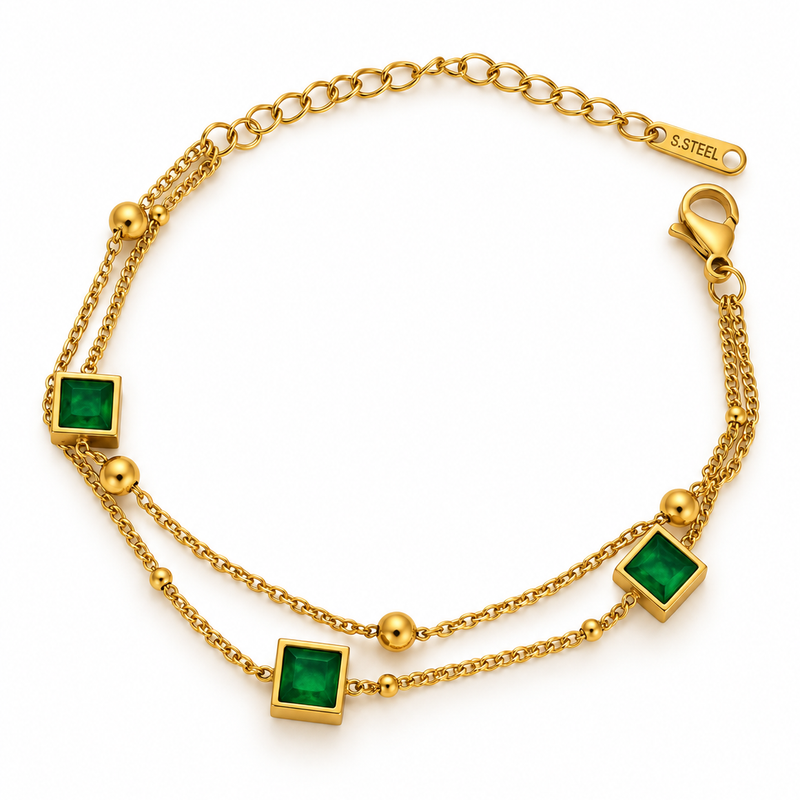 Double Layer Square Crystal Station Bracelet — Emerald Green - 18K Gold Plated Stainless Steel Jewelry