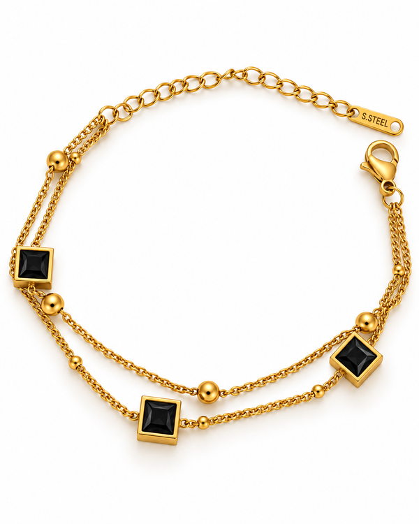 Double Layer Square Crystal Station Bracelet — Black