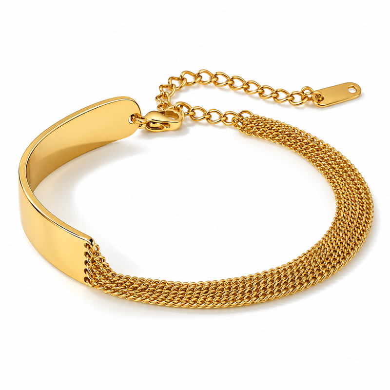 Gold Flat Bar & Multi-Strand Chain Bracelet - 18K Gold Plated Stainless Steel Jewelry