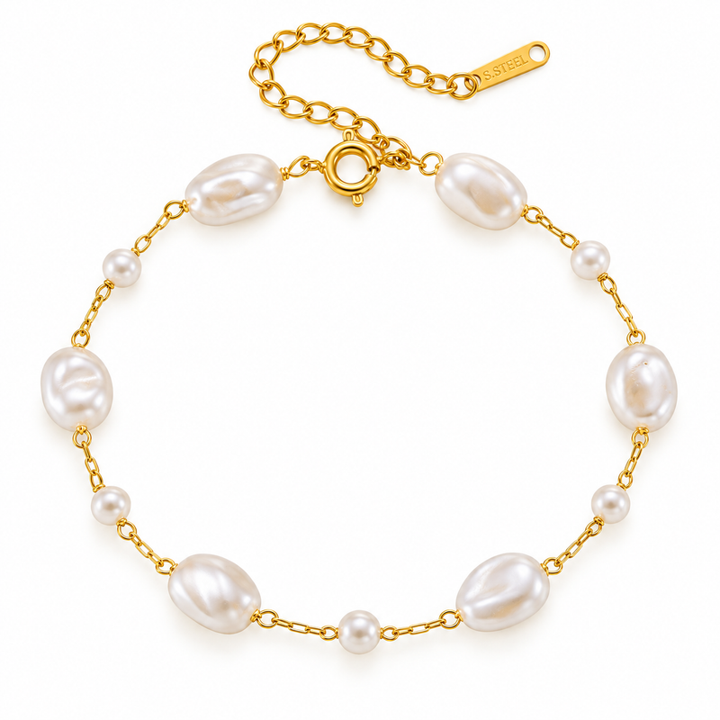 Baroque Pearl Station Paperclip Chain Bracelet - 18K Gold Plated Stainless Steel Jewelry