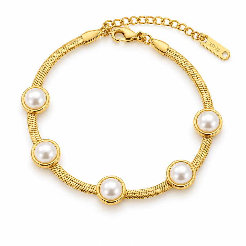 Pearl Station Herringbone Bracelet - 18K Gold Plated Stainless Steel Jewelry