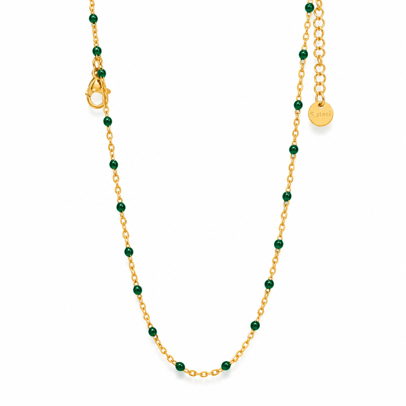 Emerald Bead Station Chain Necklace - 18K Gold Plated Stainless Steel Jewelry