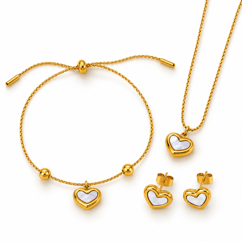 Enamel Heart Jewelry Set — White Pearl - 18K Gold Plated Stainless Steel Jewelry